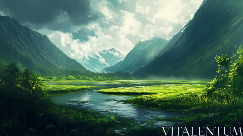 Sunlit alpine valley river cuts through emerald wetlands.