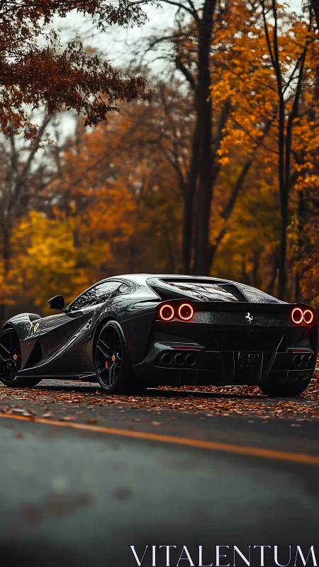 Black sports coupe is parked on a wet forest road in autumn