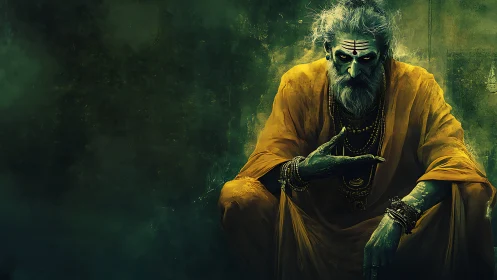 Mystical elder with painted face sits in dramatic green light