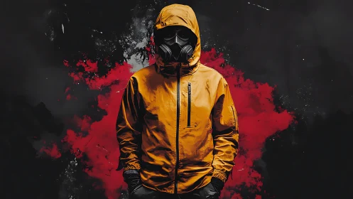 Hooded figure in respirator framed by red abstract vapor field