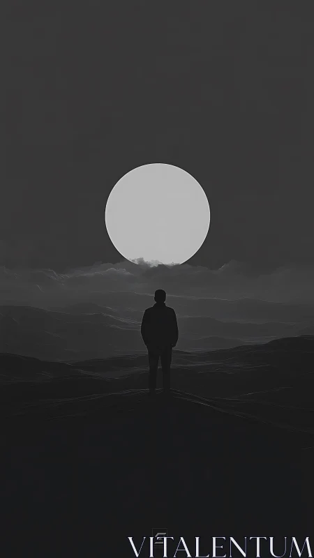 Silhouette figure facing full moon above layered hills.