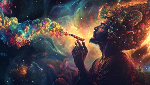 Cosmic dreamer exhaling galaxies of color and light.