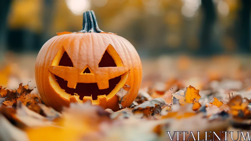 Carved jack o lantern glows amid soft autumn leaves.