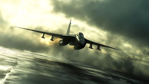 Stormlit fighter jet slices through metallic sky at dusk