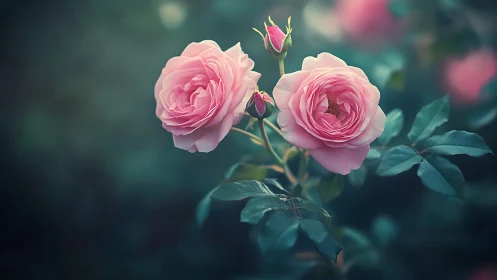 Garden Roses in Soft Focus: Pink Florals Against Teal Background