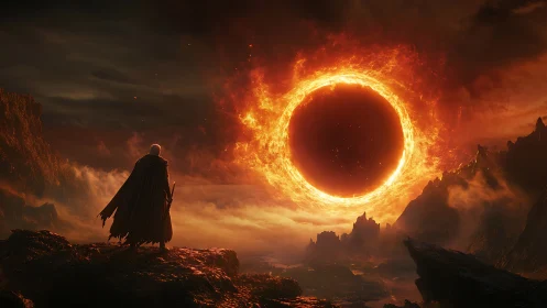 Cloaked figure observing fiery circular vortex over wasteland.