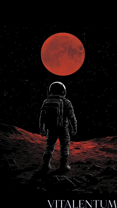 Solitary astronaut studies red planet under star-filled sky