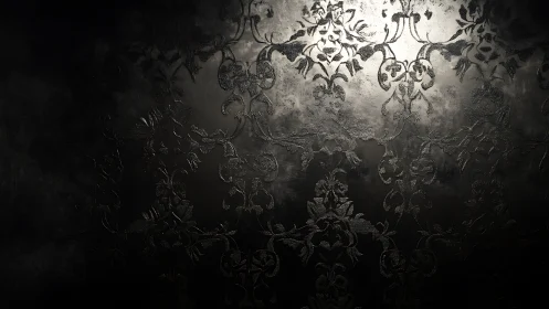 Dark ornate damask pattern with subtle metallic lighting.