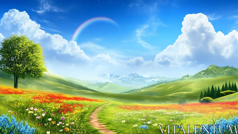 Peaceful rainbow path winding through bright spring meadows.