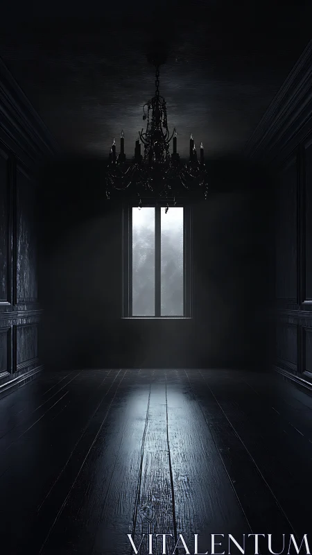 Silent chandelier brooding above a lone mistlit windowed hall.