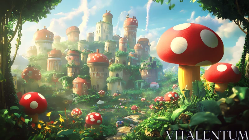 Sunlit mushroom cityscape renders whimsical architectural depth