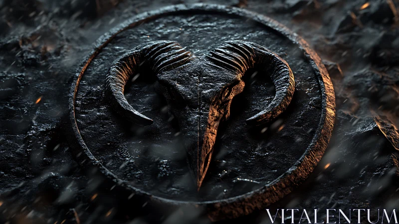 Weathered ram skull emblem carved in dark stone circle.