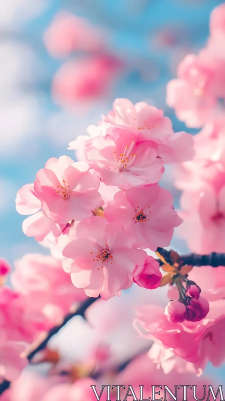 Pink cherry blossoms bloom against blue sky with depth of field