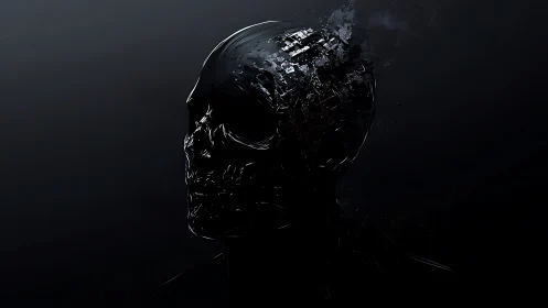 Dark humanoid skull silhouette dissolves into digital debris