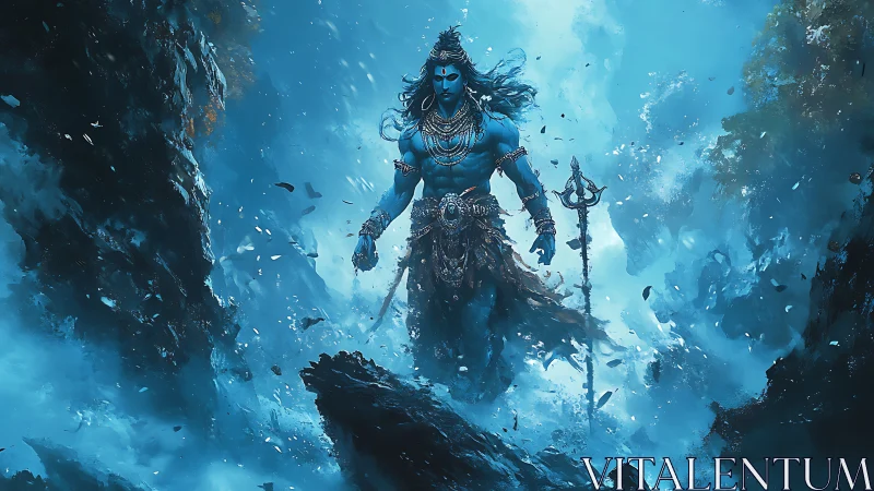Blue-skinned mythic figure with trident in turbulent landscape.