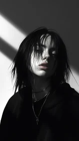 Monochrome raking-light portrait with high-contrast chiaroscuro.