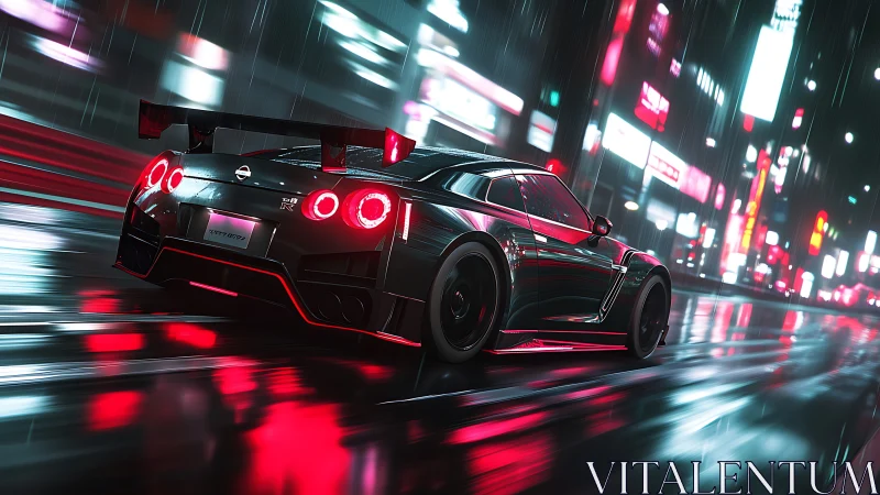 Sleek sports car glides through neon city rain at night