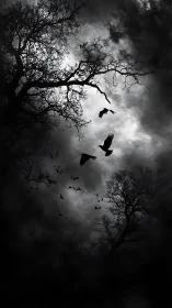High-contrast silhouetted crows traverse turbulent nocturnal sky