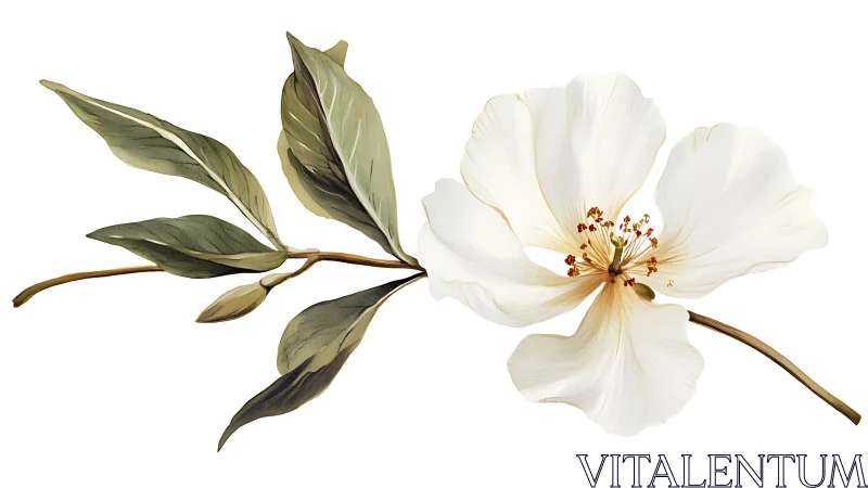 Botanical Illustration: White Peony with Layered Petals and Foliate Branch