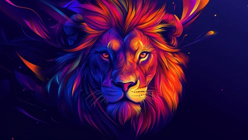 Multicolor lion head illustration on dark abstract background.