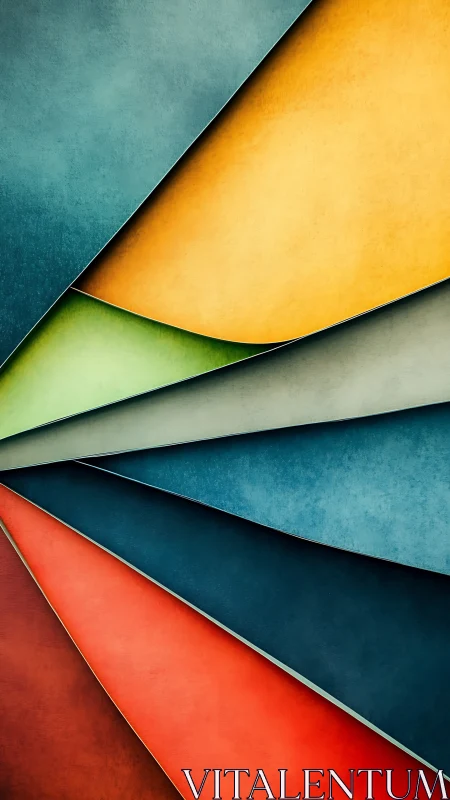 Layered geometric color bands with textured gradients intersect.