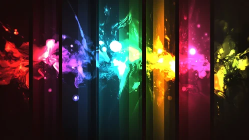 Prismatic paint storms streak across luminous dark panels.