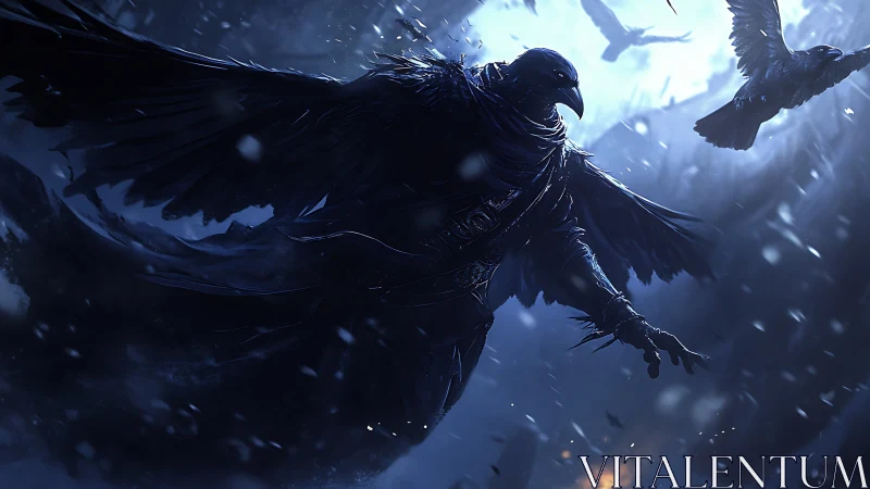 Mysterious crow guardian gliding through a stormy twilight sky.