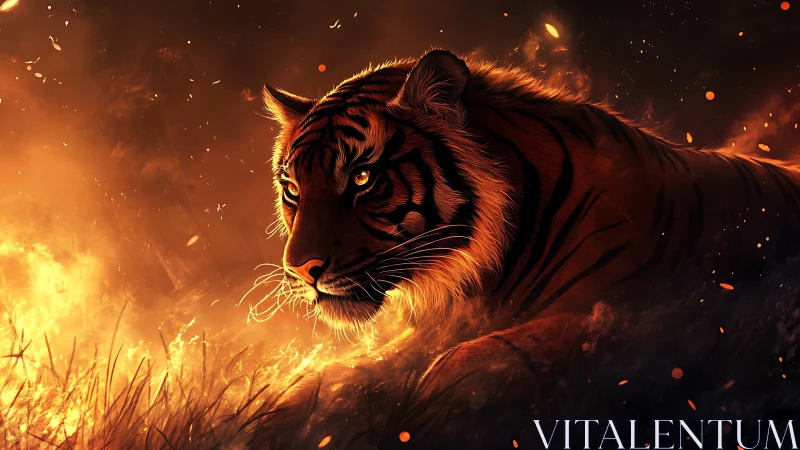 Tiger moves through blazing firelit grass with intense focus