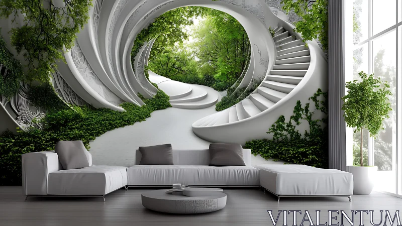 Curved garden staircase embracing a calm modern lounge.