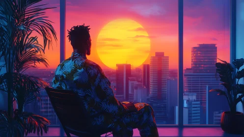 City sunset crowns a quiet dreamer in neon tropical glow
