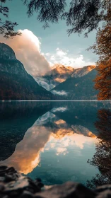 Mountain lake reflects glowing clouds under soft sunset light