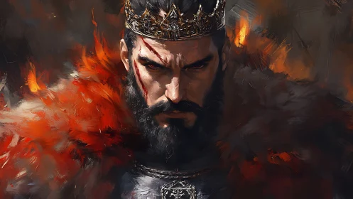 Scorched war king portrait with ember-saturated fur mantle.