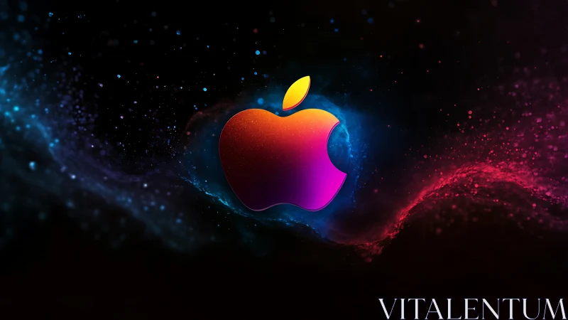 Chromatic apple emblem in luminous nebular particle field