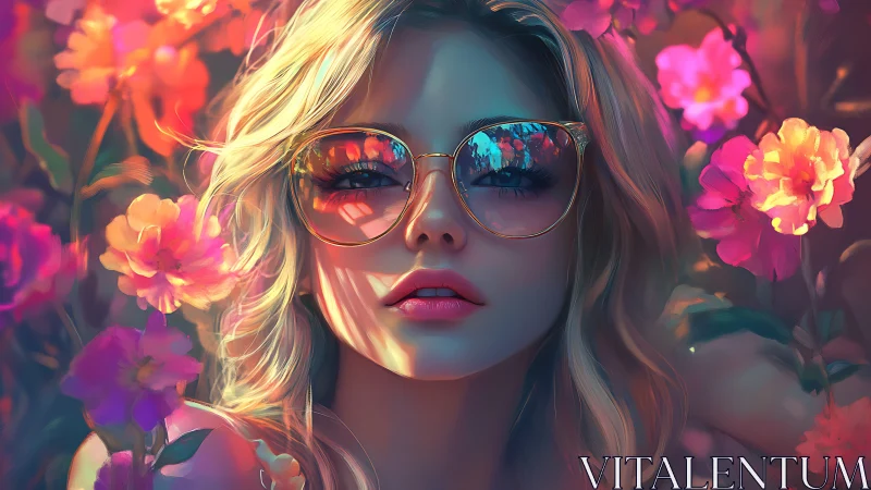 Sunlit girl in glowing flower garden with dreamy reflections.