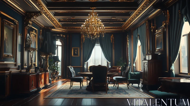 Ornate classical drawing room with chandelier and wood paneling.