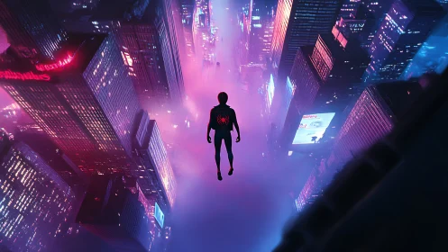 Silhouetted hero descends through neon city canyon at night