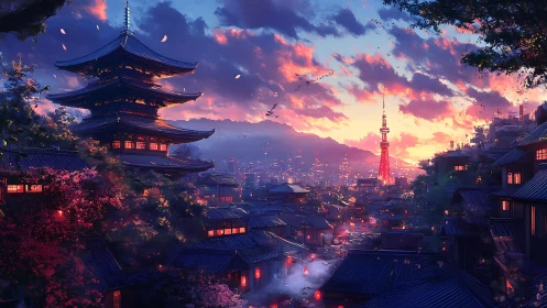 Sunset cityscape unites neon skyline with tranquil pagoda glow