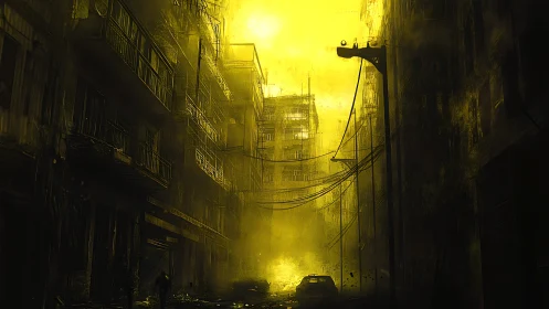 Toxic yellow haze engulfing derelict urban canyon at dusk.