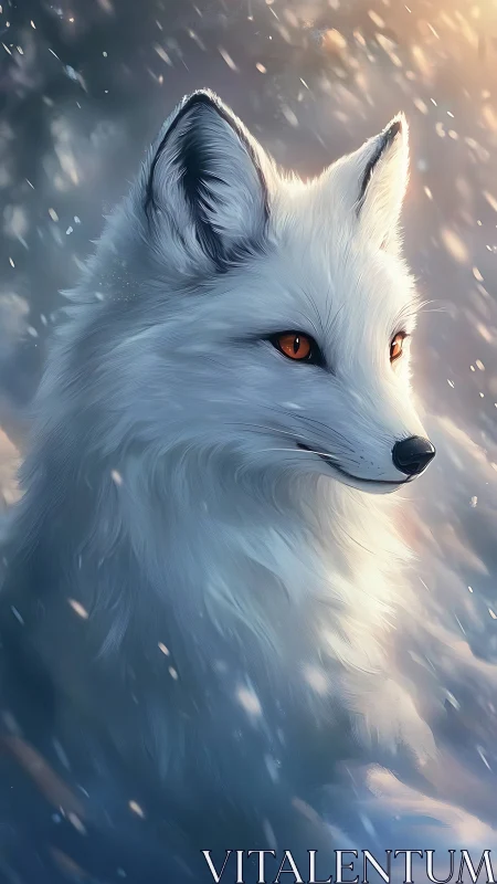 White fox profile in diffuse winter light with snow particles.