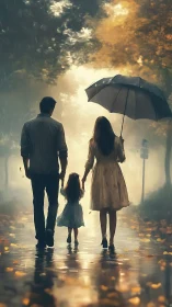 Rainy day stroll with parents and child under soft light.