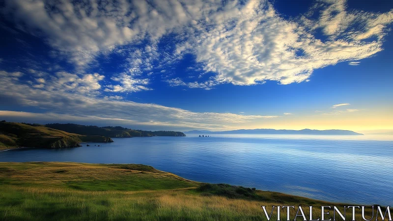 Coastal headland panorama with calm sea and cumulus cloud band