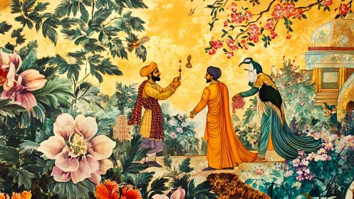 Two robed figures stand in ornate garden with peacock