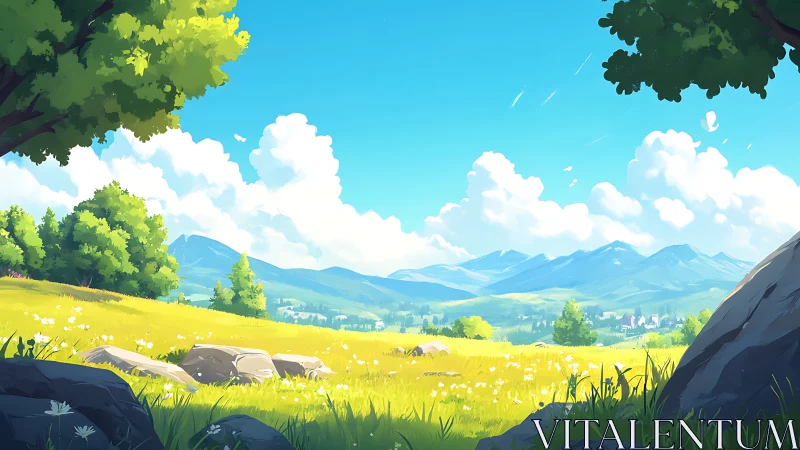 Sunny mountain meadow landscape in bright digital art.