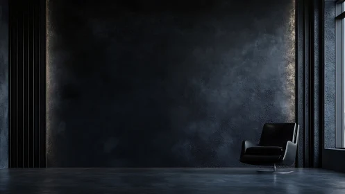 Dark minimalist interior shows black armchair by window