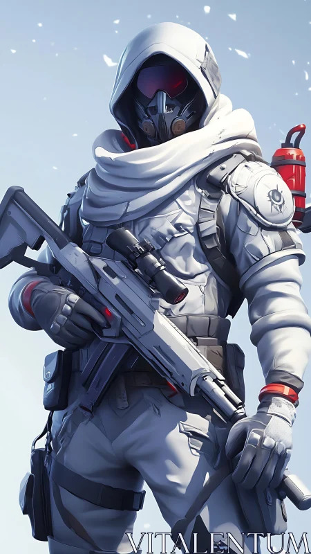 Armored winter sniper in white tactical exosuit gripping scoped rifle
