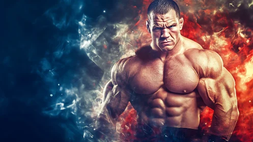 Muscular male bodybuilder framed by blue and red smoke.