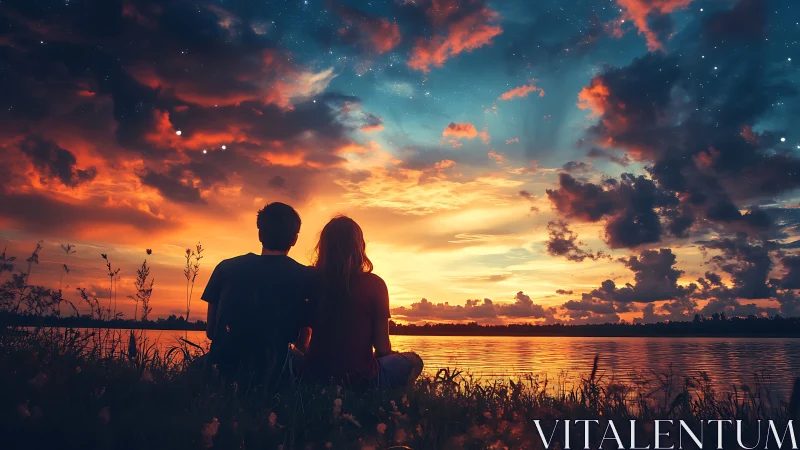 Couple silhouetted against dramatic sunset over water with stars