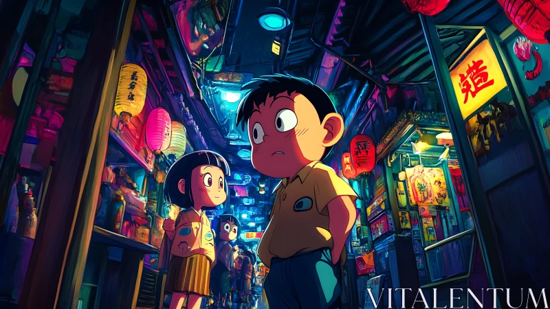 Anime kids explore neon alley under glowing lanterns.