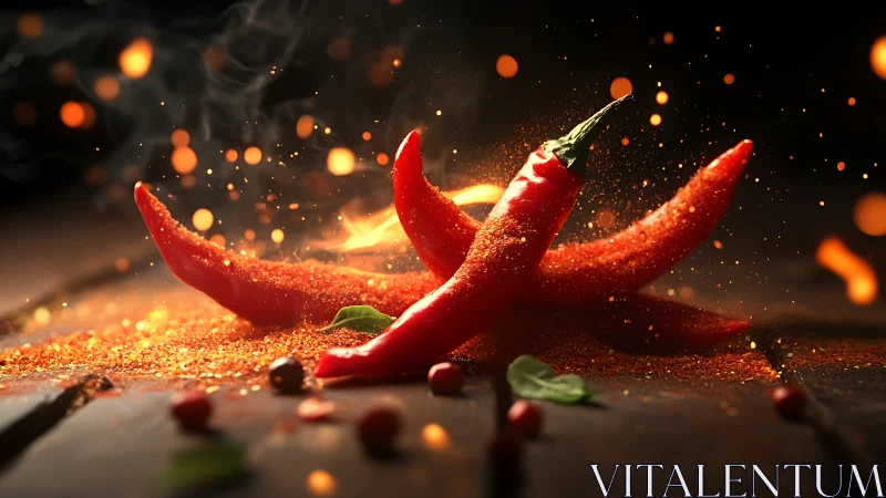Red chili peppers explode with fiery golden particles and light.