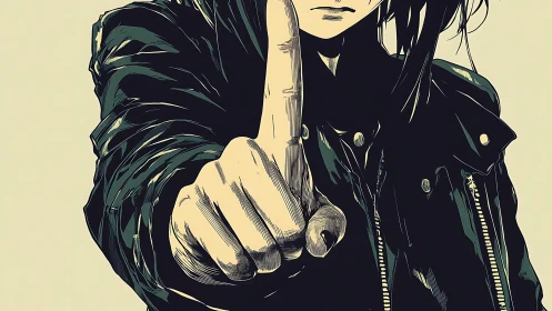 Person in dark jacket extends index finger toward viewer